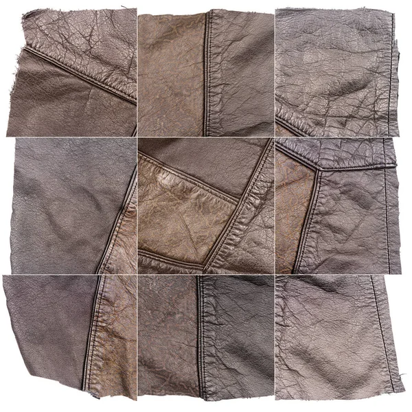 Collectie Van Bruine Lederen Texturen Geïsoleerd Witte Achtergrond Ruwe Oneffen — Stockfoto
