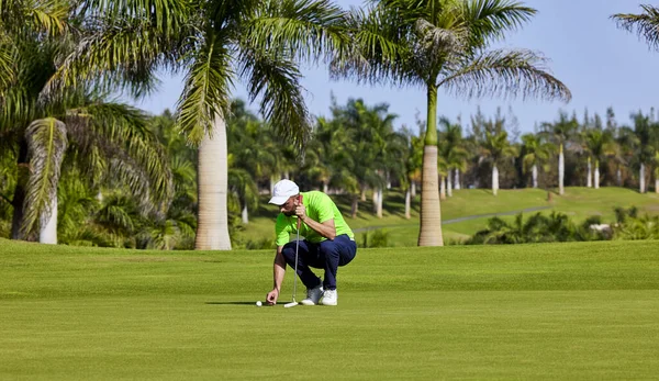 Golfozó Zöldön Egy Golfütővel Kezében Játékos Zöld Értékeli Lejtők Távolság Stock Kép