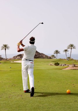 Golf sahasında golf oynamaya hazır bir golfçü. Golf sopalı bir golfçü mükemmel atış için topa vuruyor..