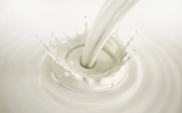 Mleko Wylewające Się Rozprysku Korony Basenie Mleka Falami Ilustracja Widok — Zdjęcie stockowe