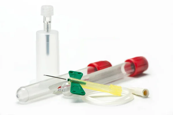 Cateter Segurança Verde Calibre Com Tubos Coleta Sangue Luvas Suporte — Fotografia de Stock