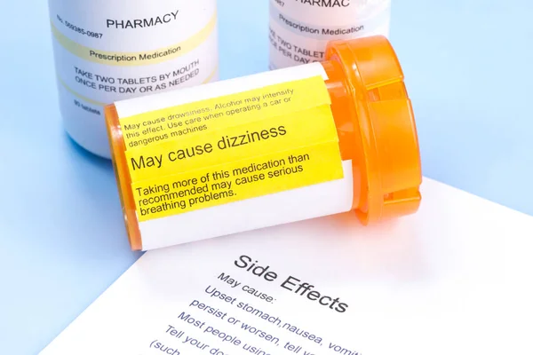 Frasco Prescripción Con Etiqueta Advertencia Efectos Secundarios Del Medicamento Imprimir —  Fotos de Stock