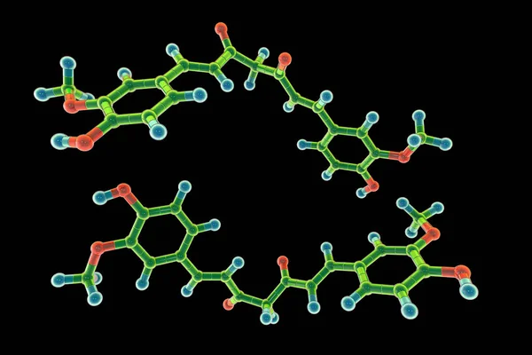 クルクミン分子モデル インドのスパイスターメリックの主キューミノイド これは 食品添加物として使用され 抗酸化 抗炎症 化学予防および抗癌活性を有する — ストック写真