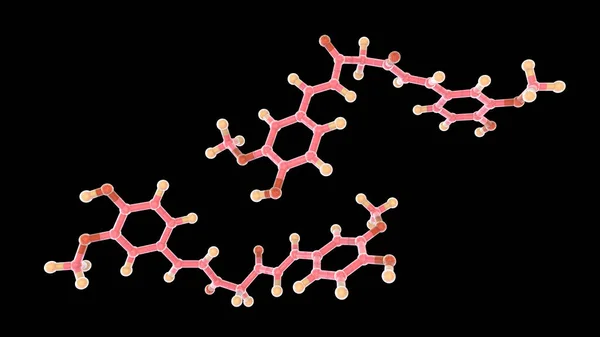 クルクミン分子モデル インドのスパイスターメリックの主キューミノイド 食品添加物として使用され 抗酸化 抗炎症 化学予防および抗癌活性を有する 原子は球として表現され 色コード化されています Carbo — ストック写真