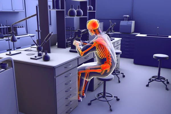 实验室工作人员与工作有关的肌肉骨骼疾病 计算机概念图 用显微镜显示带有高亮骨架的实验室专家 — 图库照片