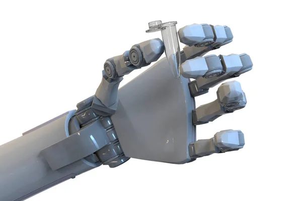 Ręka Humanoidalnego Robota Trzymającego Rurkę Mikrowirówki Konceptualna Ilustracja Komputerowa — Zdjęcie stockowe
