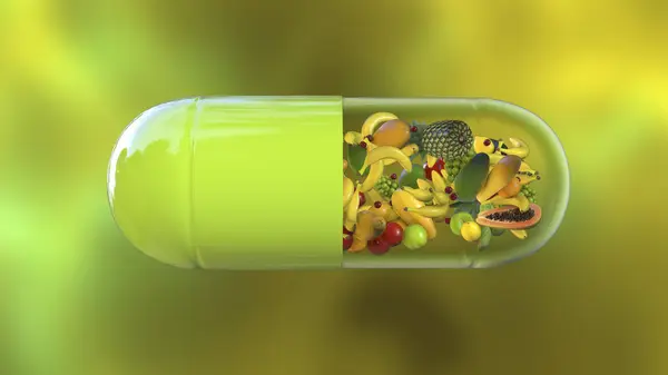 Píldora Con Frutas Ilustración Por Computadora Que Representa Concepto Aditivos —  Fotos de Stock