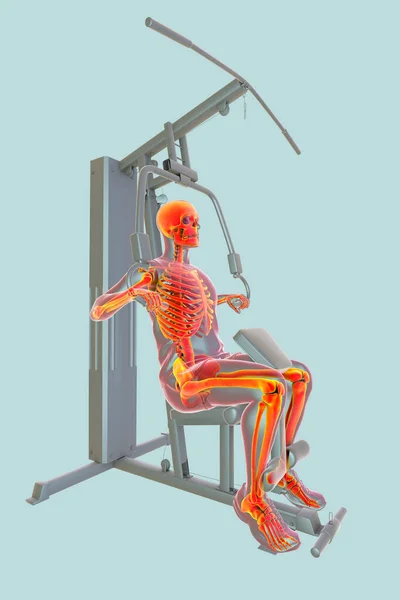 演示一个人在锤击力机器上进行突出的骨骼训练 强调肌肉骨骼系统和力量训练的益处 — 图库照片