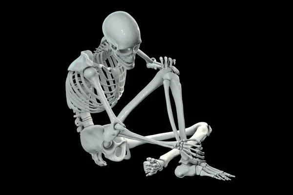 描述人的骨骼因脚踝疼痛而坐着握住脚踝 突出强调骨骼系统和与脚踝有关的潜在伤害 — 图库照片