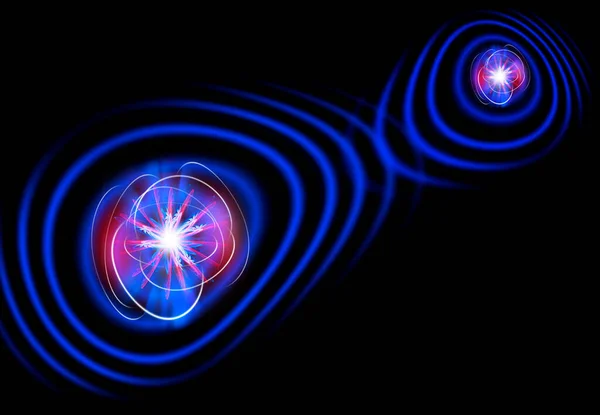 量子缠结 一对纠缠在一起的量子粒子或事件在一定距离上相互作用的概念图解 量子纠缠是量子理论的结果之一 两个粒子似乎将被连接在空间和时间之间 — 图库照片