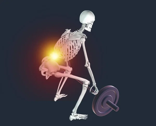 人体骨骼与背痛解除杠铃 概念性计算机说明 — 图库照片