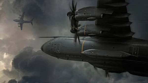 空中客车A400M Atlas军用运输机在暴风雨天空中的说明 — 图库照片