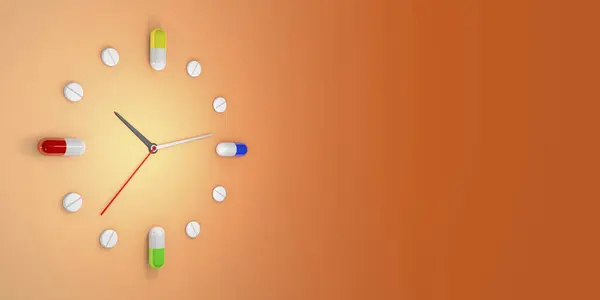 Medication clock, conceptual illustration. This could represent the time different medicines should be taken.
