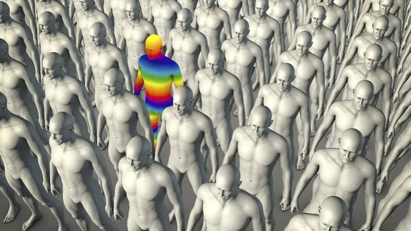 Illustration Clones Identical People One Person Highlighted Rainbow Colours Symbolising — Stock Photo, Image