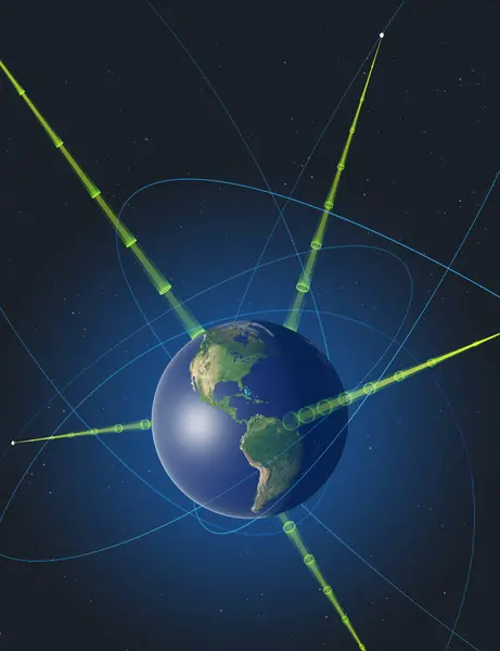 Космическая Солнечная Энергия Иллюстрация Спутников Собирающих Энергию Солнечного Света Передающих — стоковое фото