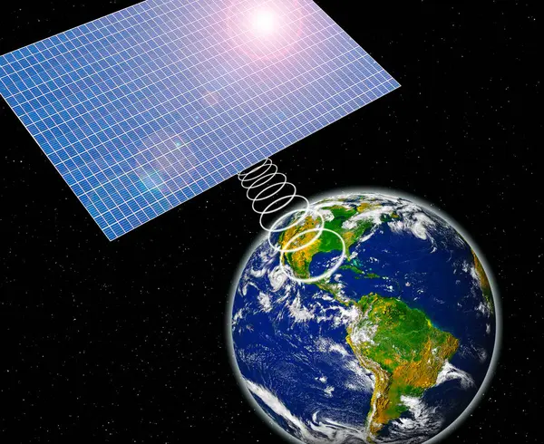 Solar energy. Conceptual illustration showing solar panels radiating energy to Earth.