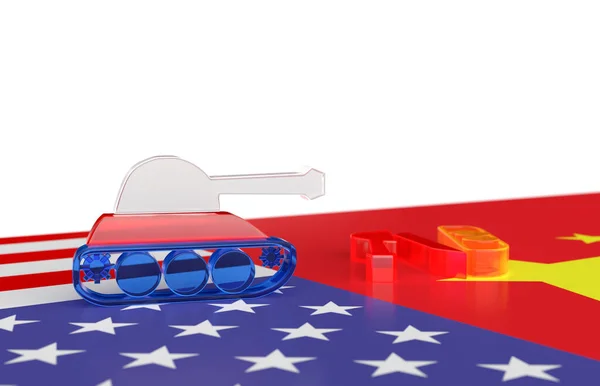 3d render battle tank of united states and china facing each other  under two flags