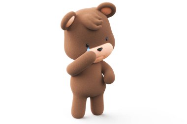 Sad and crying teddy bear. Teddy bear with tear dripping  isolated on white background 3D Render.