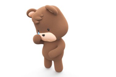 Sad and crying teddy bear. Teddy bear with tear dripping  isolated on white background 3D Render.