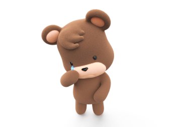 Sad and crying teddy bear. Teddy bear with tear dripping  isolated on white background 3D Render.