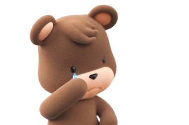 Sad and crying teddy bear. Teddy bear with tear dripping  isolated on white background 3D Render.