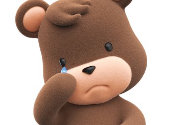 Sad and crying teddy bear. Teddy bear with tear dripping  isolated on white background 3D Render.