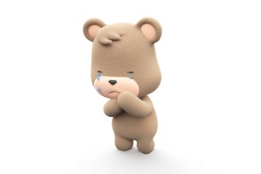 Sad and crying teddy bear. Teddy bear with tear dripping  isolated on white background 3D Render.