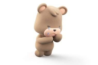 Sad and crying teddy bear. Teddy bear with tear dripping  isolated on white background 3D Render.