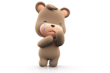 Sad and crying teddy bear. Teddy bear with tear dripping  isolated on white background 3D Render.