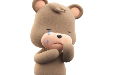 Sad and crying teddy bear. Teddy bear with tear dripping  isolated on white background 3D Render.