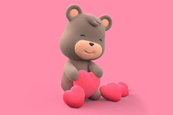 Teddy bear holding a heart. teddy  bear isolated on pink background 3D Render.