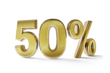 Yüzde 50 altın, üç boyutlu, gölgeli ve beyaz arka planlı.