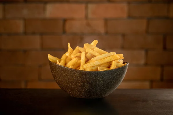 French Fries Pot Table Front Brick Wall — Stock Photo, Image