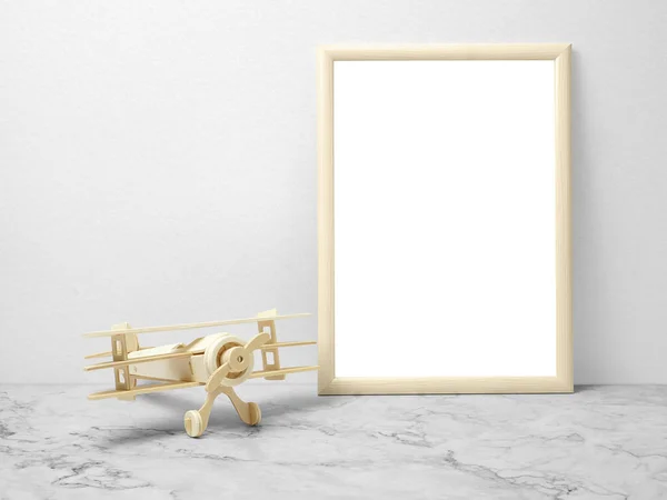 Blank Frames Mockup Marble Floor Wooden Plane — Stock Fotó