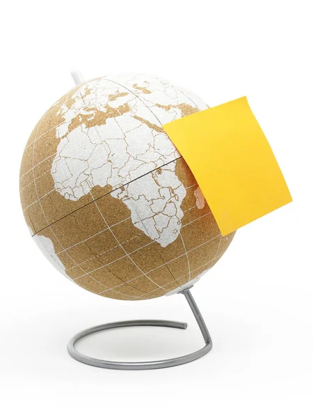 Note Globe World Map Cork Texture Isolated White Background — Stockfoto