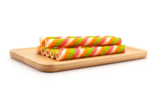 Wafer Stick Roll Wooden Tray Isolated White Background Colorful Wafer — Stock Photo, Image