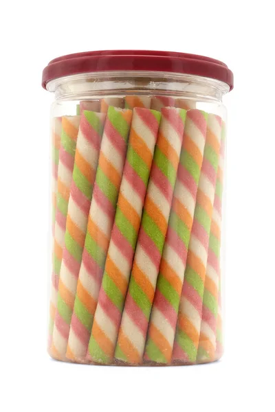 Wafer Stick Roll Przezroczystym Słoiku Izolowane Białym Tle Kolorowe Wałki — Zdjęcie stockowe