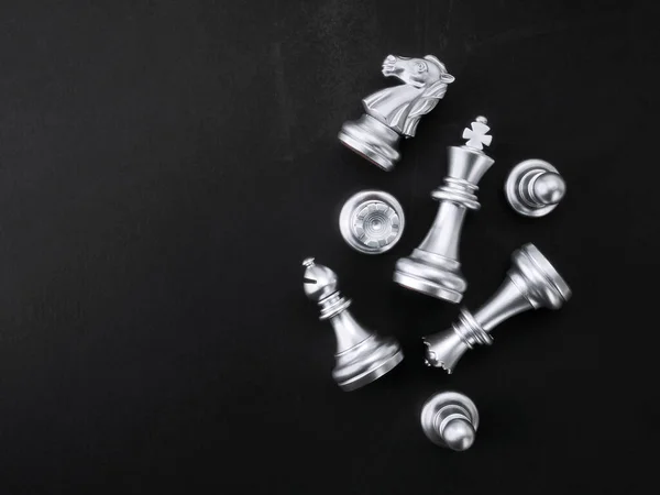 Chess Silver Set Black Texture Background — Stock Photo, Image