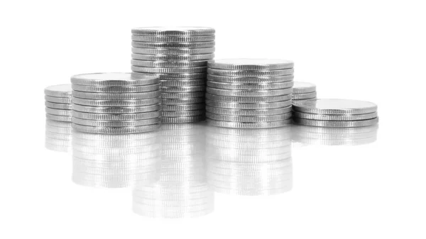 Montón Monedas Plata Aisladas Sobre Fondo Blanco Monedas Vacías Plata — Foto de Stock