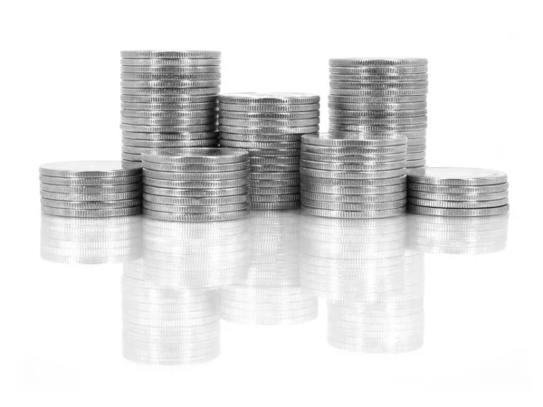 Pile Silver Coins Isolated White Background Silver Empty Coins Stack — Stock Photo, Image