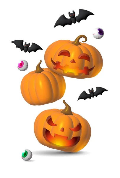 Holiday Halloween set of themed decorative elements for design. 3d objects in cartoon style. Pumpkin Halloween symbols collection.