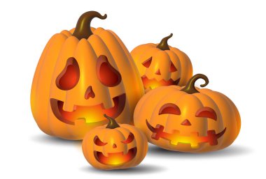 Tasarım için temalı dekoratif öğelerin bayram seti. Çizgi film tarzında üç boyutlu nesneler. Balkabağı Cadılar Bayramı sembolleri koleksiyonu.