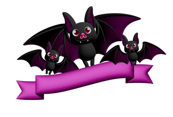 Holiday Halloween set of themed decorative elements for design. 3d objects in cartoon style. Three Bats and tag.