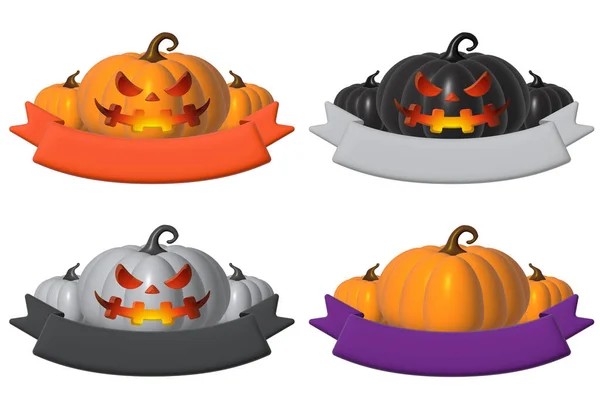 Holiday Halloween set of themed decorative elements for design. 3d objects in cartoon style. Pumpkin with tag
