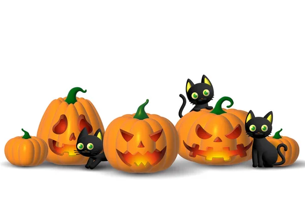 Holiday Halloween set of themed decorative elements for design. 3d objects in cartoon style. Pumpkin with black cats.