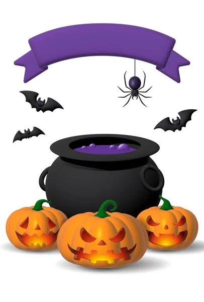 Holiday Halloween set of themed decorative elements for design. 3d objects in cartoon style. Pumpkin with pot with bat with spider and tag
