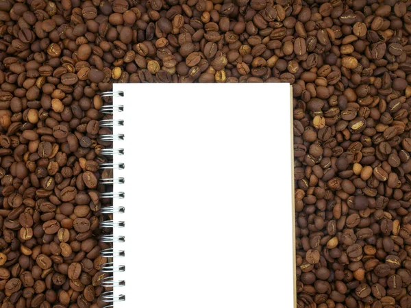 Könyv Kávébab Textúra Háttér Papír Jegyzetekhez Felülnézet — Stock Fotó