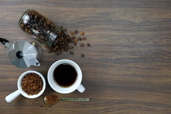 Kávé Csésze Kávébab Mokapot Fából Készült Asztallal Felülnézet Szöveges Szövegszerkesztő — Stock Fotó
