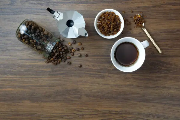 Kávé Csésze Kávébab Mokapot Fából Készült Asztallal Felülnézet Szöveges Szövegszerkesztő — Stock Fotó