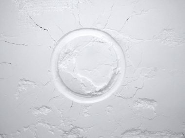 White flour texture background. Abstract powder texture. White powder surface with cracks and a round crater.
